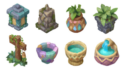 Magical Decorative Objects in a Garden Setting, Hand-Painted and Stylized Design