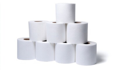 Stack of toilet paper rolls on white background. Artificial intelligence image
