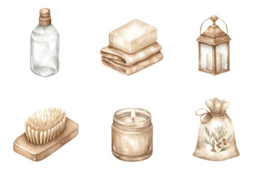 Watercolor Natural Self Care Essentials Set on Transparent Background for Relaxation