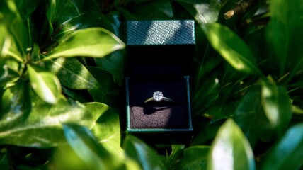 Diamond ring in box amidst green foliage. Artificial intelligence image
