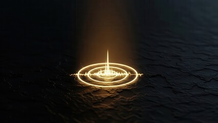 A radiant golden graphic representing an energetic sound wave or data signal emerges powerfully from a dark, textured surface, evoking themes of discovery and advanced technology.