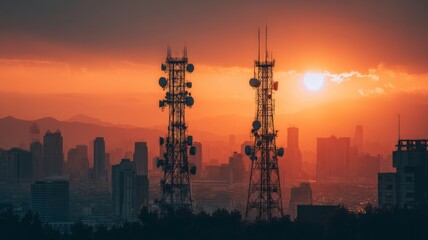 Sunset skyline with silhouetted communication towers. Artificial intelligence image
