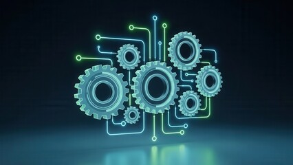 Interconnected glowing gears symbolize a complex digital system or technological innovation against a dark, futuristic background.