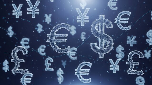 Abstract digital currency symbols representing global financial technology and interconnected markets in a secure, modern network. - Powered by Adobe