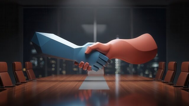 Stylized polygonal and organic hands shaking in a modern corporate boardroom, symbolizing digital business partnership and agreement. - Powered by Adobe