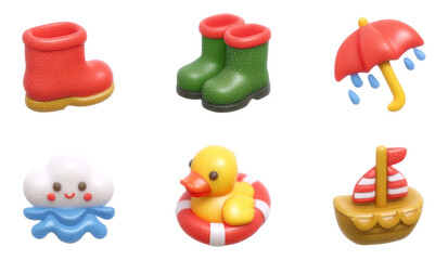 Cute 3D Toy Items for Kids on a Rainy Day Isolated on Transparent Background