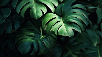 Lush monstera leaves in deep green tones. Artificial intelligence image
