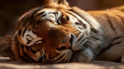 Close up of a majestic tiger sleeping peacefully in its natural habitat.