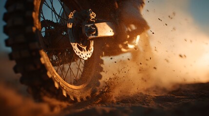 Close up of a motocross motorcycle tire kicking up dirt and dust during a race.