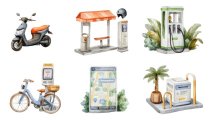 Modern Micro Mobility Transportation Set Isolated on Transparent Background