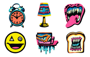 Colorful Surreal Household Objects with Pop Art Stickers Isolated on Transparent Background
