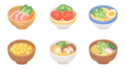 Cute Hand-Painted Illustration of Traditional Soup Bowls on Transparent Background