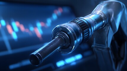 Close-up of a fuel nozzle with a blurred stock market graph in the background, symbolizing oil prices and financial markets.