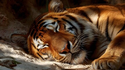 Close-up of a majestic tiger resting peacefully in dappled sunlight.