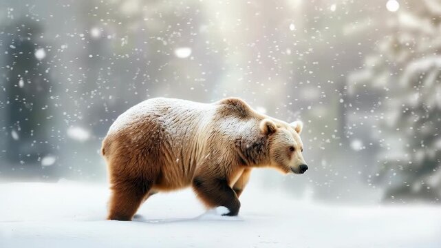 Bear in Snowy Landscape: A majestic bear traverses a serene, snow-laden environment during a winter blizzard, its robust form blending with the pristine wilderness.