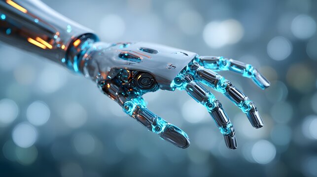 Close-up of a futuristic robotic hand with glowing blue circuits. - Powered by Adobe