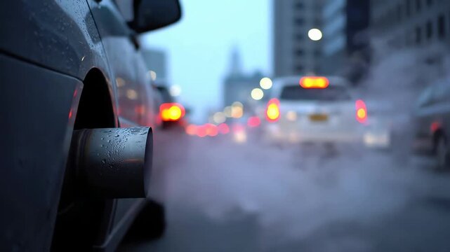 Closeup of car exhaust pipe emitting thick white smoke in traffic on a cloudy day