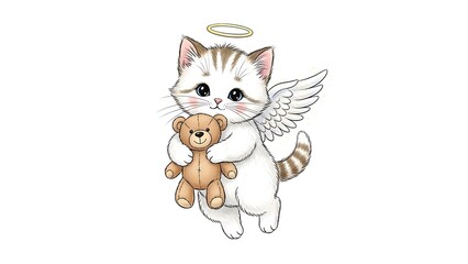 Fototapeta premium Heavenly Kitten: A charming illustration depicts a sweet kitten adorned with angel wings and a halo, tenderly embracing a plush teddy bear. This image radiates innocence, comfort.