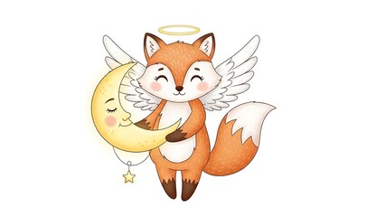 Fototapeta premium Angel Fox and Moon Embrace: An angelic fox, adorned with delicate wings and a halo, cradles a crescent moon, creating a whimsical and enchanting scene.