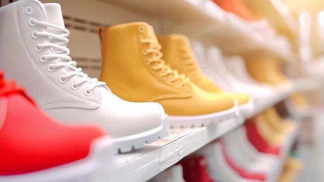 Footwear Display: Rows of vibrant footwear, showcasing a spectrum of styles and colors. A visual feast for the shoe enthusiast, representing fashion, choice, and consumerism.