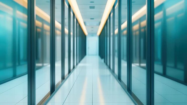 Architectural Perspective: A long, modern corridor with glass walls and bright lighting creates a sense of depth and contemporary design. 