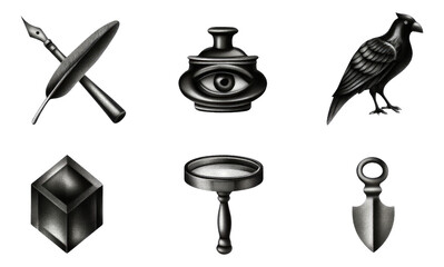 Ancient Scholar Tools Illustrated in Dark Engraving Style on Transparent Background