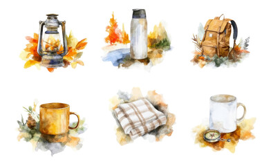 Watercolor Camping Essentials Illustration for Autumn Adventures on Transparent Background