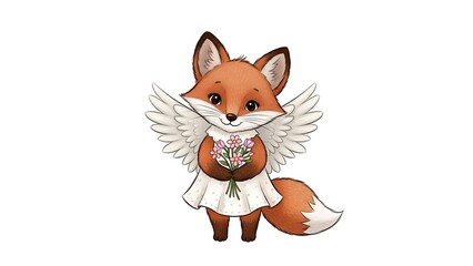 Obraz premium Angel Fox's Gift: A sweet cartoon fox, adorned with delicate wings, holds a bouquet, conveying a message of love and purity.