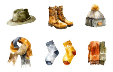 Autumn Accessories in Watercolor Illustration Isolated on Transparent Background
