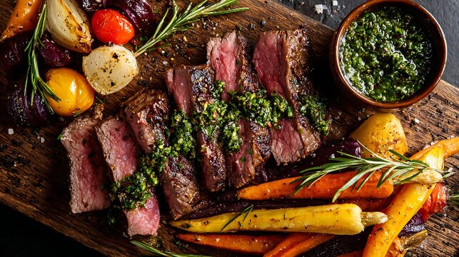 Grilled steak with chimichurri sauce and roasted vegetables on wooden board