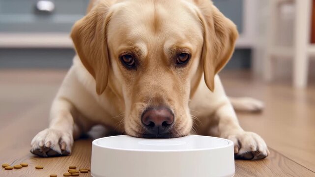 Hungry Pup: A loyal canine gazes intently at its empty food bowl, radiating anticipation and the familiar bond between humans and their pets. 