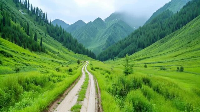 Winding Road Through Lush Valley: A scenic path meanders through a vibrant valley, framed by towering mountains blanketed in lush greenery. The image depicts serenity and tranquility.