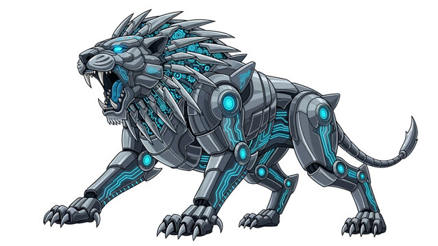 Cybernetic Lion Robot Roaring with Blue Circuits Isolated on White Background