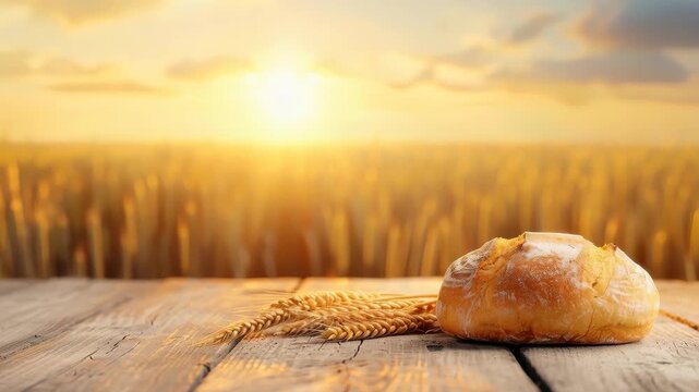 Golden Harvest: A rustic loaf of bread and golden wheat on a weathered wooden table. Bathed in the warm glow of the sun, celebrating the essence of nature's bounty.