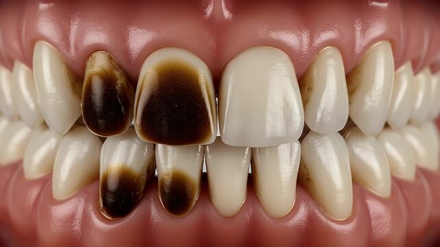 Close-up of teeth showing one brown tooth among healthy white ones, highlighting dental health issues.