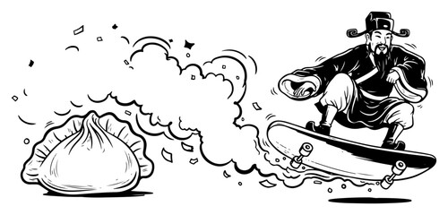 Ancient Chinese scholar on skateboard chasing dumpling – playful mash-up of tradition and modern street culture, dynamic comic vector illustration © Luka