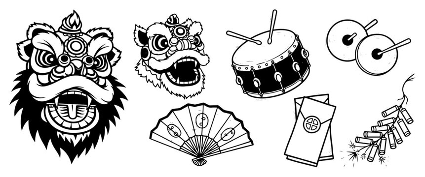 Lunar New Year celebration icons set &ndash; lion heads, drum, cymbals, fan, red envelope and firecrackers line-art collection, festive Chinese clip-art vector illustration