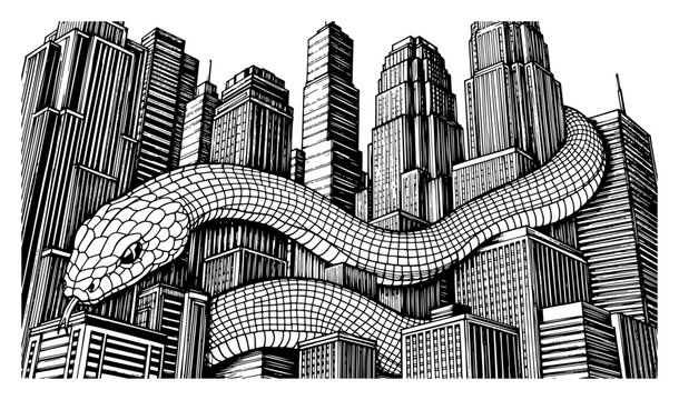 Giant serpent coiling through city skyscrapers &ndash; surreal urban fantasy destruction scene vector illustration