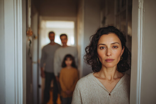 Multicultural immigrant mother stands in quiet reflection while family remains in background during an ordinary day at home.