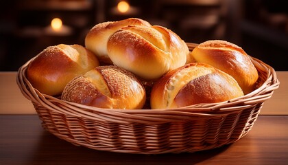 a basket made of natural wicker material filled with freshly baked soft buns with a golden crust stands on a wooden countertop