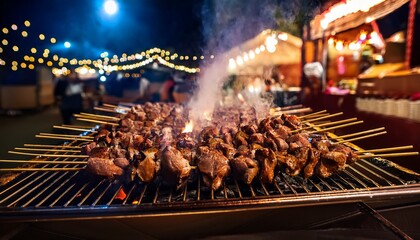 close up of skewered meat grilling over open flames with smoke rising showing juicy texture and charred edges at a night food market with warm glowing lights in the background