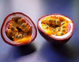 exotic passionfruit a vibrant detailed close up showcases two halves of an exquisite passionfruit revealing the juicy pulp and distinctive seeds within perfect for culinary tropical fruit