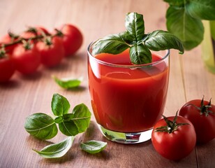 tomato juice delight a glass filled with refreshing tomato juice is a visual delight garnished with fresh basil and evoking a sense of freshness and health