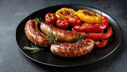 fried sausages with herbs on a black plate surrounded by baked peppers and slices of tomatoes