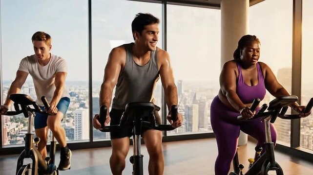 Three Diverse People Exercising on Stationary Bikes at a Gym with City View Workout Healthy Lifestyle and Indoor Cycling Class For Commercial and