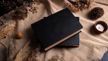 two stacked hardcover books with plain black covers resting on a soft fabric surface surrounded by dried flowers and antique decor creating a vintage atmosphere