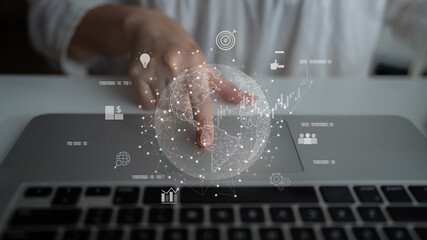 Global business network connecting digital economy and data exchange. Global business expands market, business shares data, global drives finance, and global business supports insight. Latch