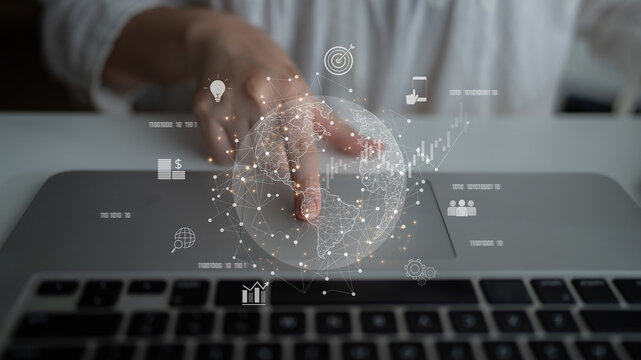 Global business network connecting digital economy and data exchange. Global business expands market, business shares data, global drives finance, and global business supports insight. Latch - Powered by Adobe