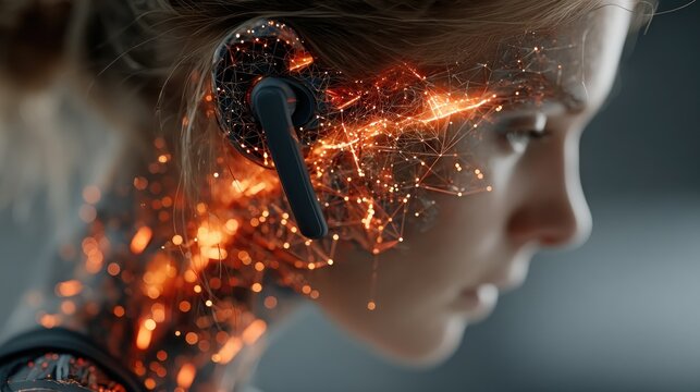 Woman with futuristic technology concept integrating with digital connection and sound devices.