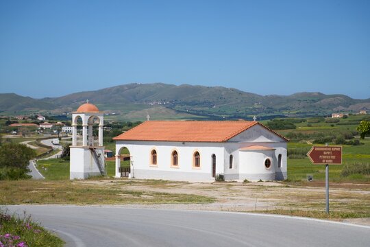Greek orthodox church with bell tower on limnos island